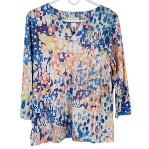 Alfred Dunner Watercolor Abstract‎ Print Beaded V-Neck 3/4 Sleeve Top Medium